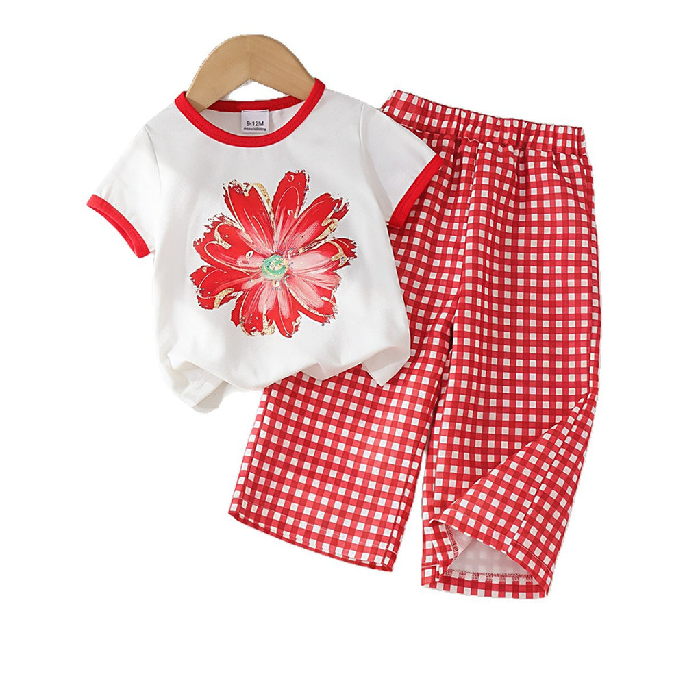 Kids clothing fashion children's clothing children's flower pattern white short-sleeved t-shirt red plaidpants