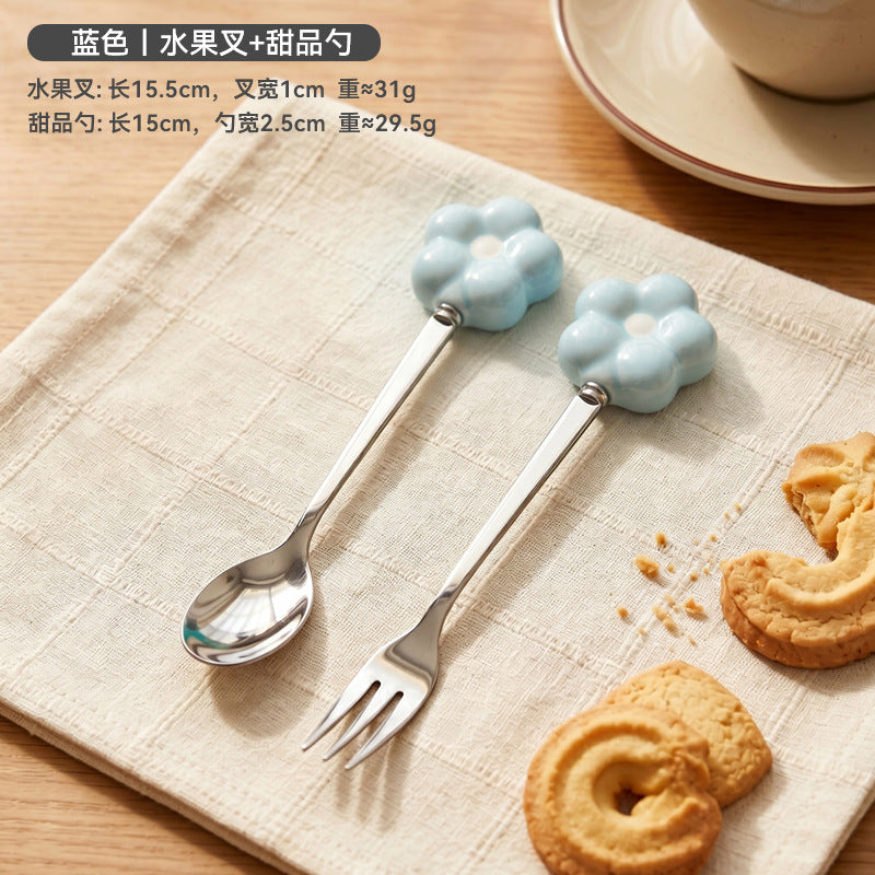 Creative sunflower stainless steel fruit fork desktop decoration ornament ceramic handle spoon exquisite afternoon tea fork wholesale