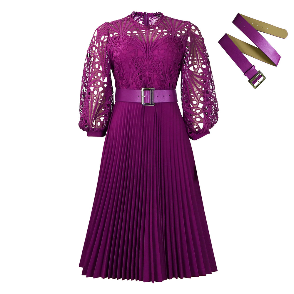 C8595 european and american export women's clothing  new arrival elegant solid color lace crochet hollow-out pleated cross-border dress