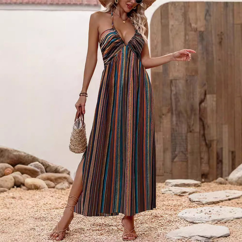 Amazon  spring/summer striped print maxi slip dress women's chiffon fashion sexy painted
