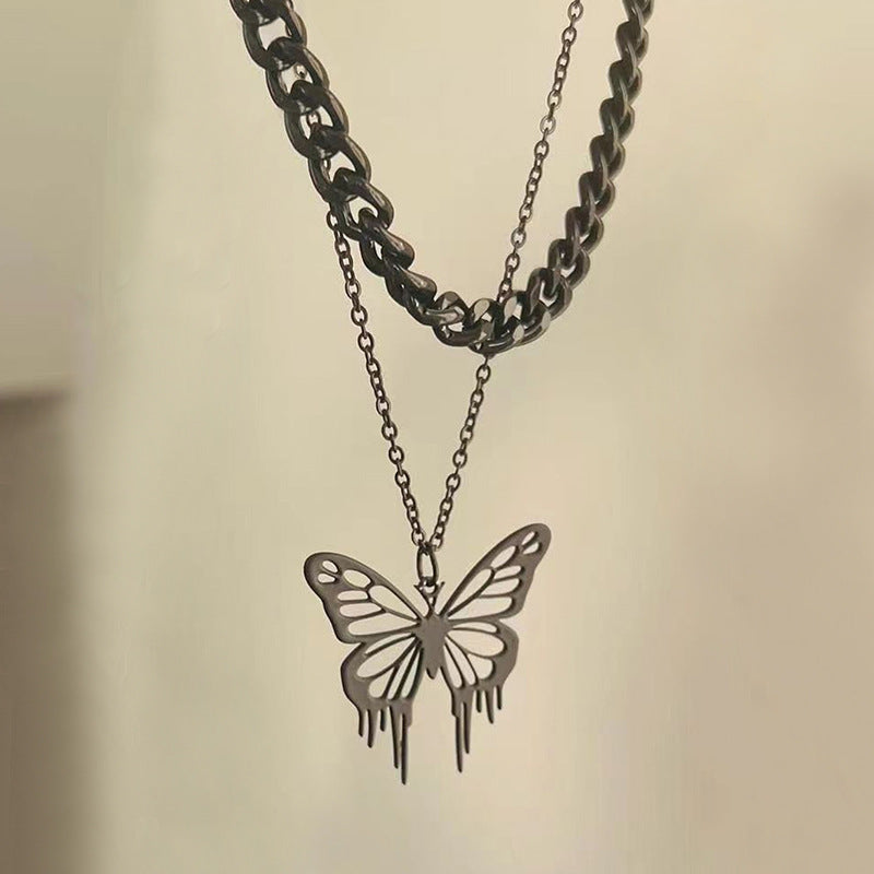European and american cross-border fashion 18k gold hollow butterfly pendant necklace for women, alloy chunky chain, high-end jewelry