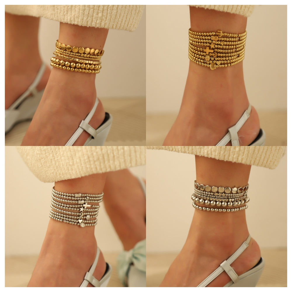 Stackable anklet set wholesale - european & american style, alloy geometric beaded anklets for women, unique heart & cross charms jewelry