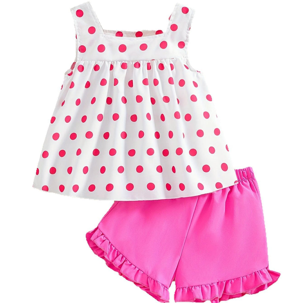 girls' summer tank top set - trendy pink polka dot with ruffle shorts - kids' two-piece cami outfit