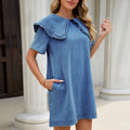 Fashion cross-border foreign trade  new arrival fungus edge large lapel short sleeve side flap pocket pants washed denim dress