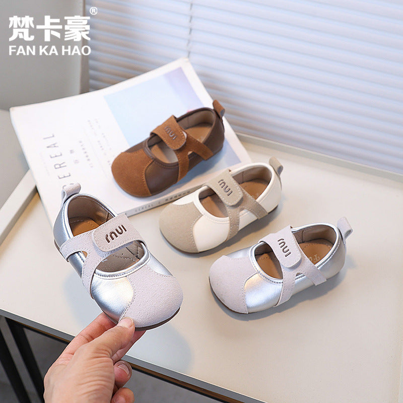 Vancahao girls' retro leather shoes,  autumn new korean style, soft sole casual shoes for children, student flats