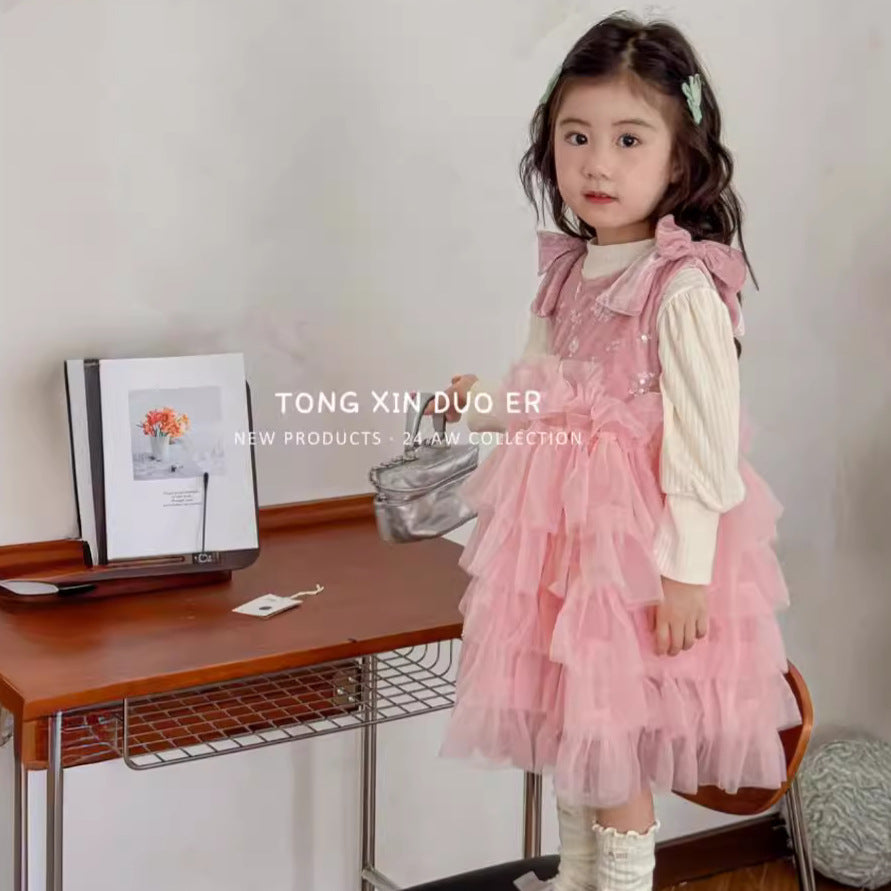 Girls' dress  autumn new arrival: ultra-fairy sequin embroidered children's tulle skirt two-piece princess dress - trendy style