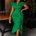 Autumnelegancev neckruffles hip skirt high waist slit asymmetrical hem evening dressdresses