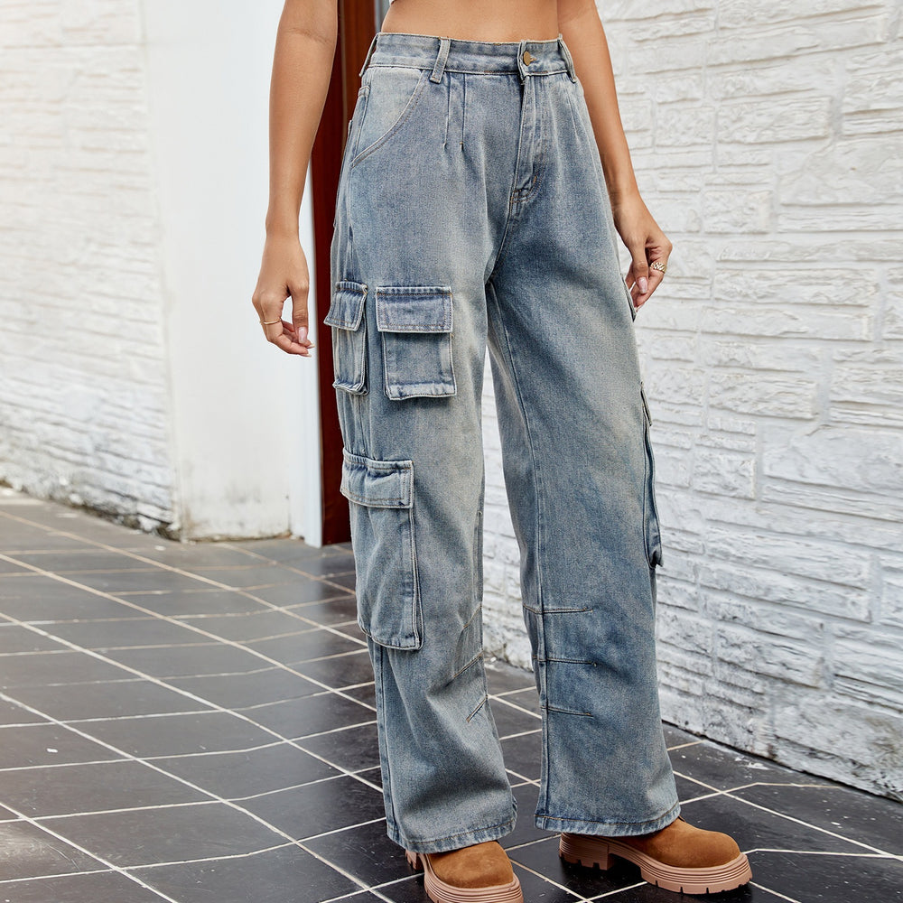 European and american cross-border e-commerce women's spring/summer new arrivals:  independent store washed semi-elastic wide-leg denim cargo pants