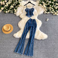 Fashion cross-border export hot girl style denim fashionsuit women's denim suspenders high waist silm pants two-piece set