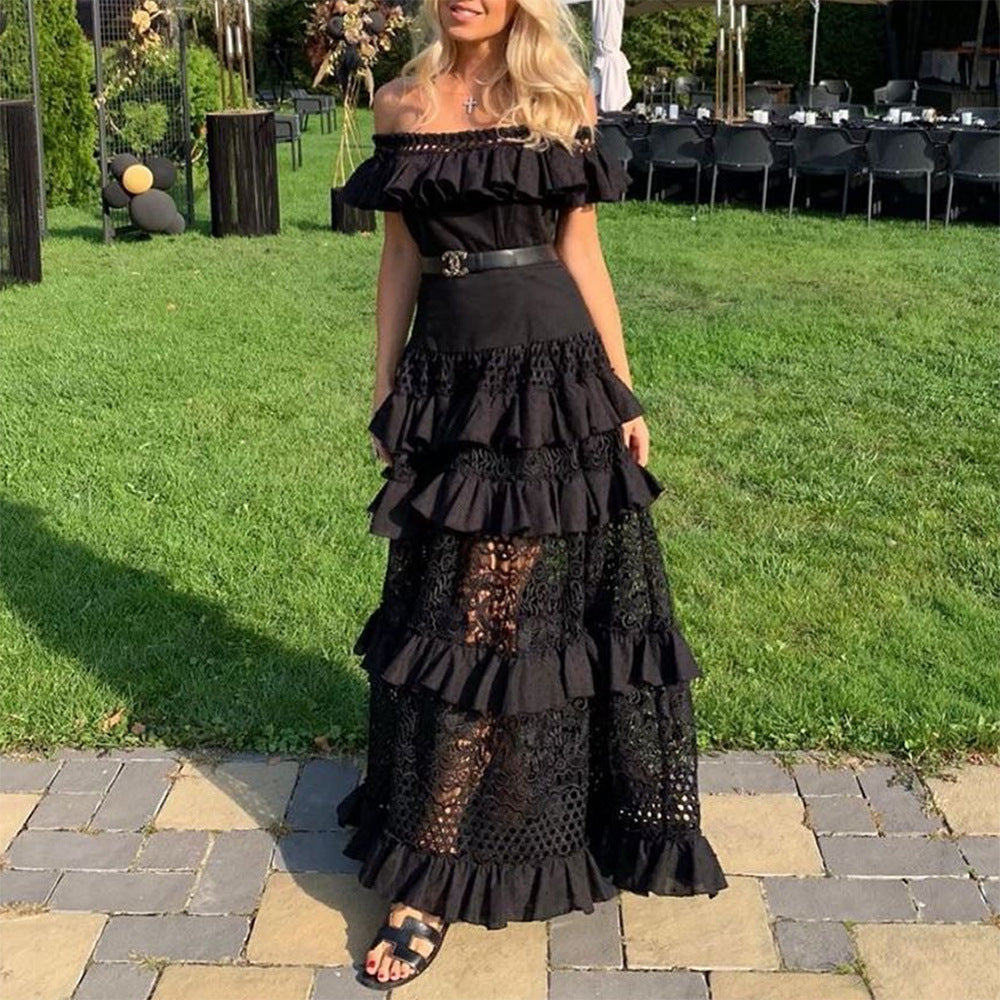 spring/summer new european and american style women's foreign trade  one-shoulder ruffle trim hollow-out lace maxi dress