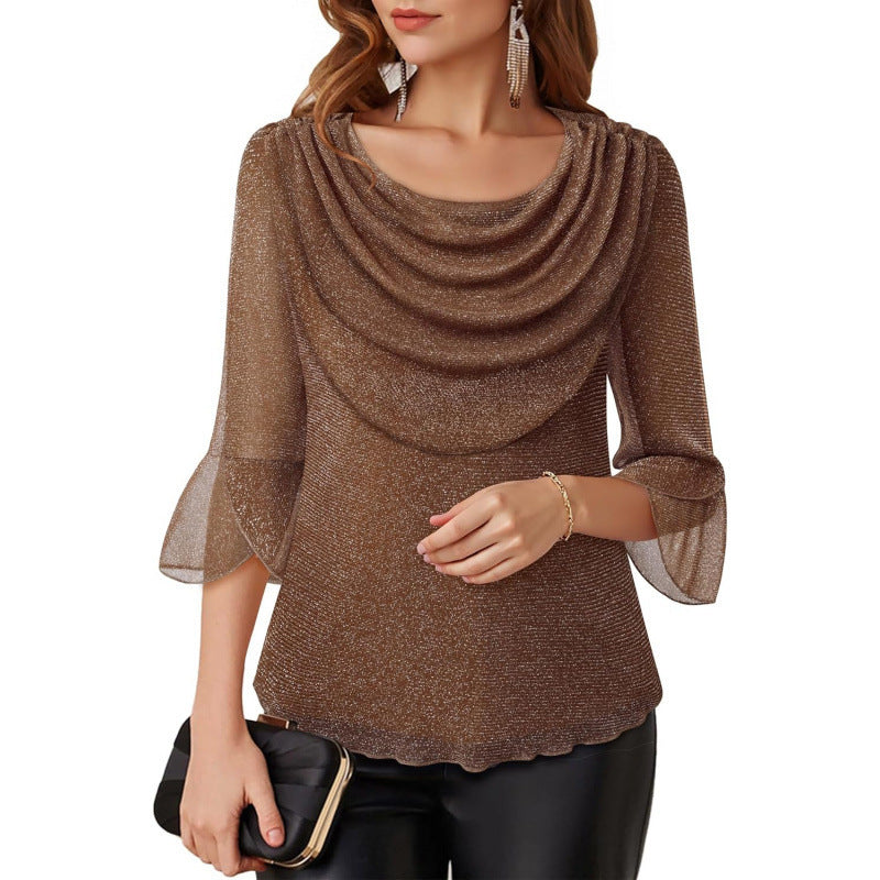 Amazon fashion retrocasual three-quarter sleeve shirt for women summernew arrival swing collar shinytops
