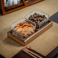 2-compartment [hammered glass] glass dish with walnut wood tray