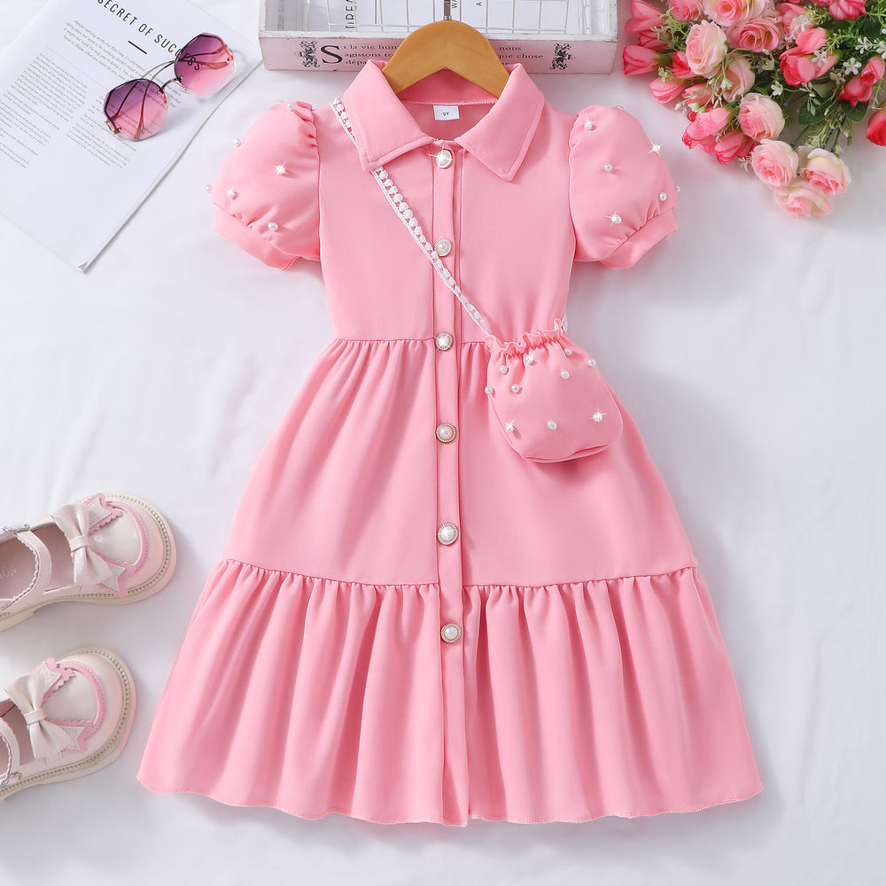 Girls' dress, solid color dress with pearl sleeves + pearl crossbody bag