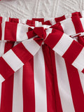 girls' round neck red tank top set - sleeveless top with striped shorts and belt - summer kids' two-piece outfit