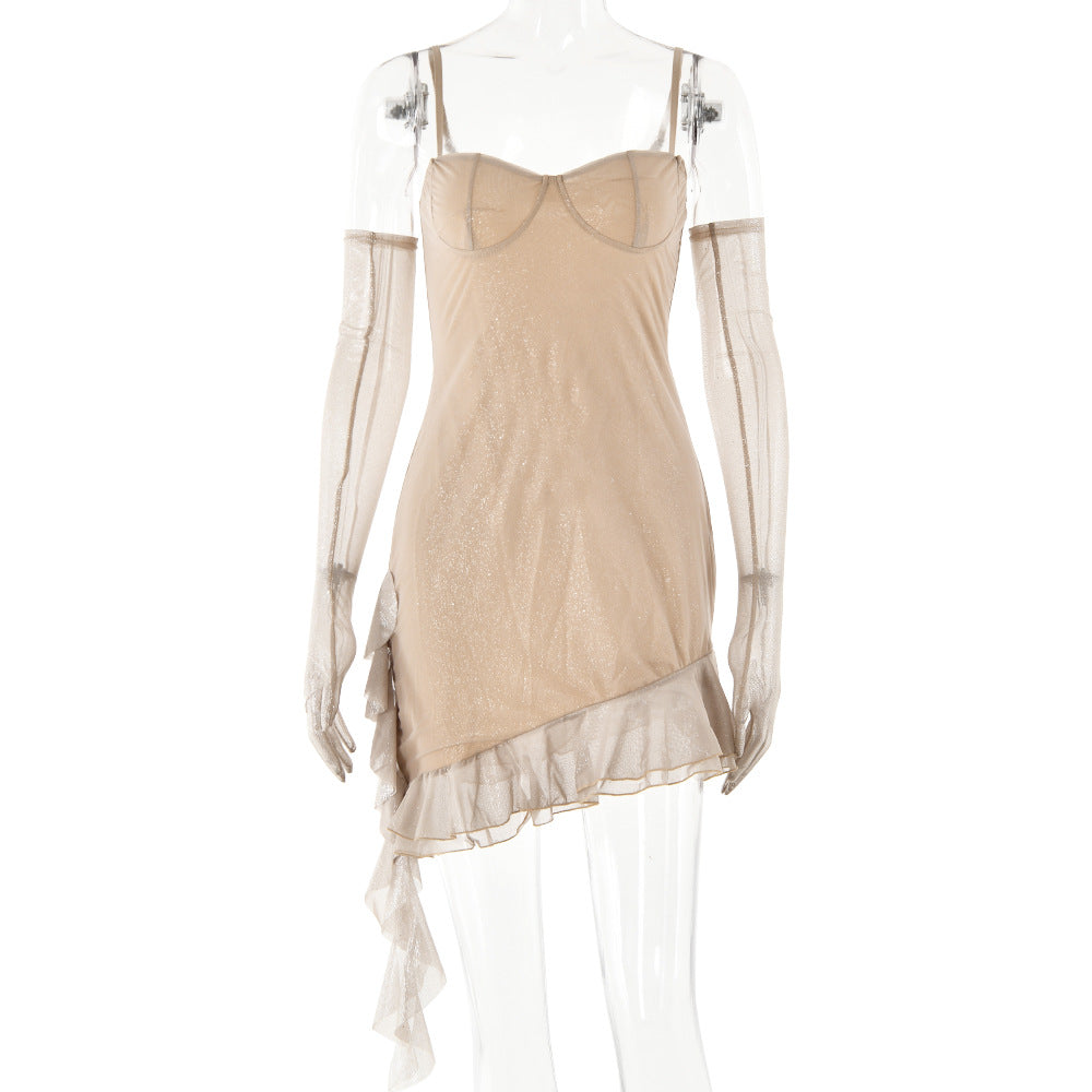 Cross-border European and American women's clothing mesh ironing silver suspender tube top dress, fashionable hot-selling sexy Spice Girl backless hip skirt