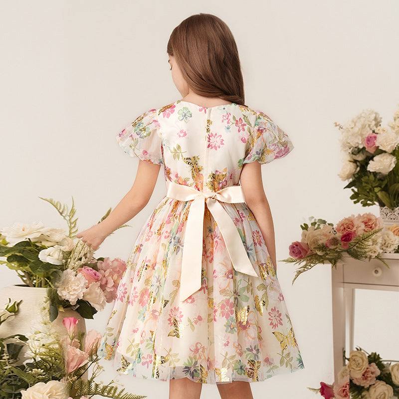 Wholesale girls' printed floral princess dress - holiday style, bubble sleeves, summer dress for little girls