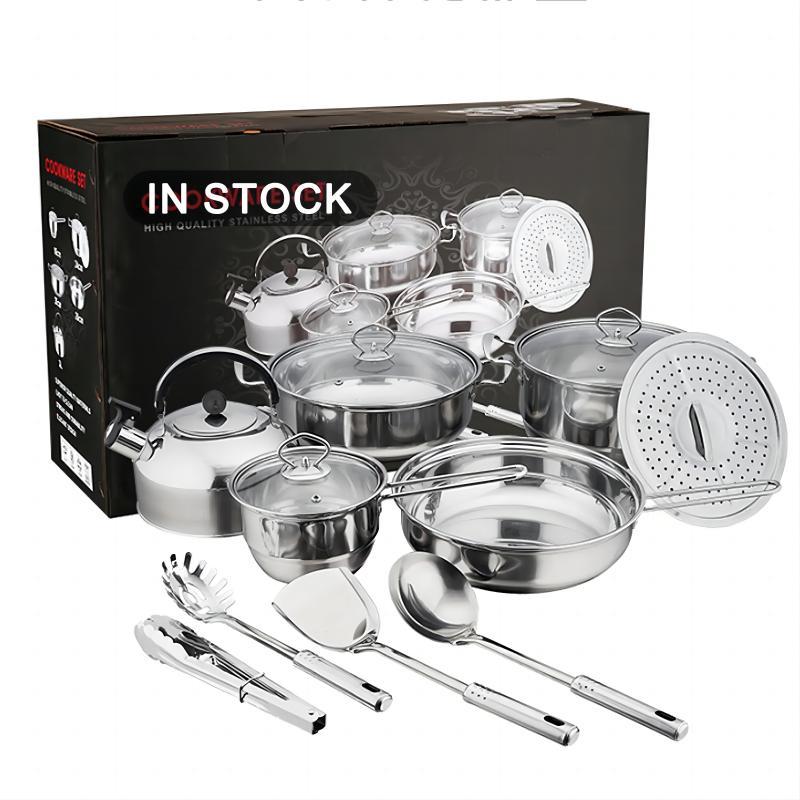 supply of stainless steel pots and pans, 18-piece set, thickened non-stick flat-bottomed frying pan, milk pot, soup pot set combination