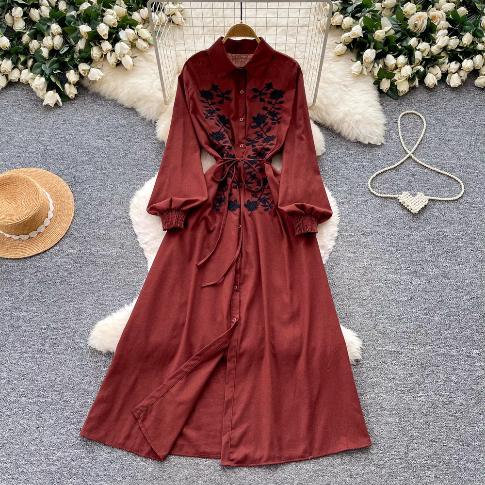 Retroartsyembroider silm type dress women's summerlong sleeves lapel waist a-line skirt slimming lookelegant long skirt
