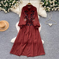 Retroartsyembroider silm type dress women's summerlong sleeves lapel waist a-line skirt slimming lookelegant long skirt