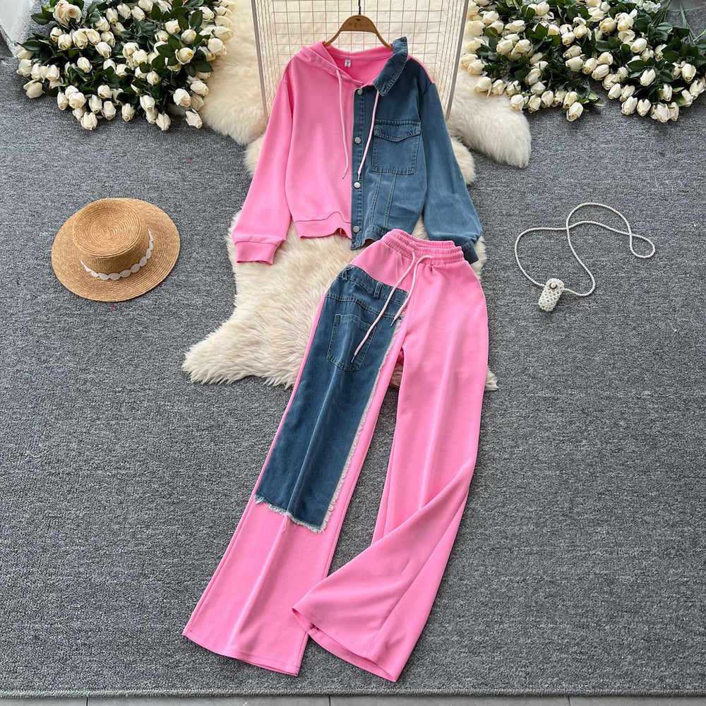 Hong kong style casual set: women's fashionable design, faux two-piece hoodie sweatshirt with high-waisted denim patchwork wide-leg pants