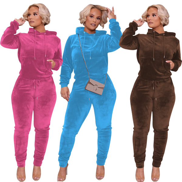 YD8680-D2 European and American women's clothing, 's new model, fashionable and casual velvet hooded two-piece set,  women's clothing