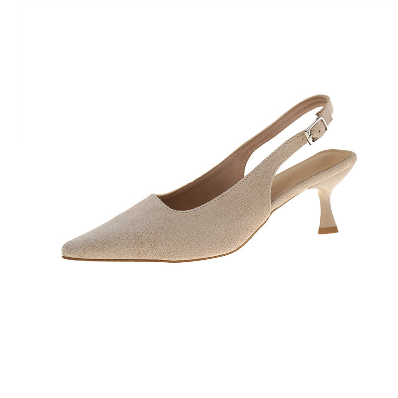 Pointed-toe stiletto sandals for women, 2026 new korean style, versatile suede open-back single strap mid-heel shoes, fashionable and elegant