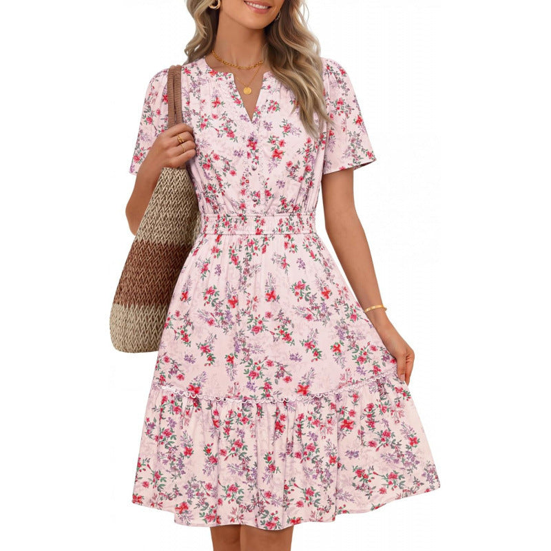Amazon fashion short-sleeved a-line floral dress for women summernew arrivalbohemiav neck skirt