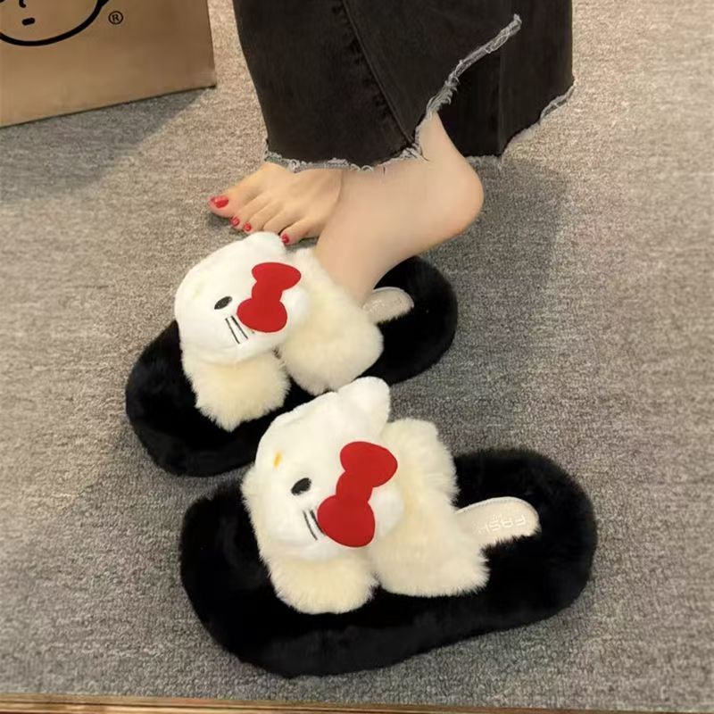 New arrival high-looking kt cat fur slippers flip-flops 2025fall and winteroutwear soft thick bottom non-slip cute cartoon