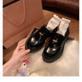 Grape mom's same style retro british style small gold coin single leather shoes thick heel thick sole round toe patent leather slip-on loafers