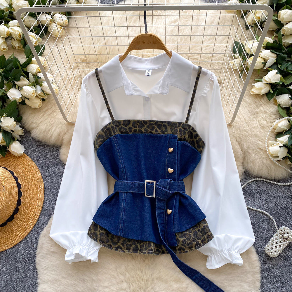 French retro leopard print two-piece set for women - spring/autumn, cinched waist, tie-up layered vest, high-end outfit