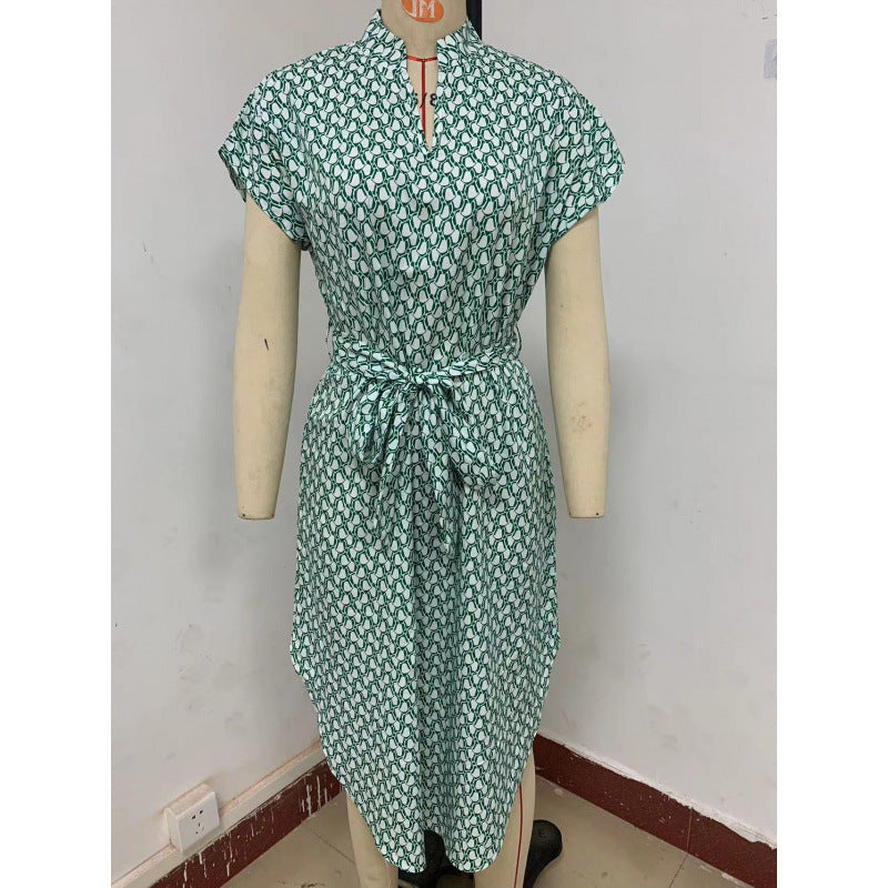 cross-border all-over print batwing sleeve drawstring dress