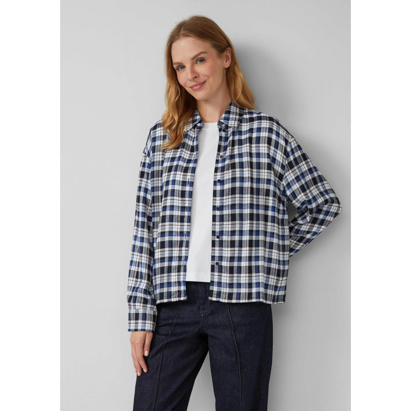 Amazon fashionpolo collar plaidlong sleevesshirt women's  spring new arrivalretrofashiontops