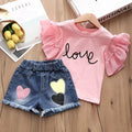 Summer hot-selling girls' outfit: korean style kids' denim shorts + t-shirt short sleeve two-piece set - direct from the children's wear manufacturer