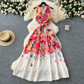 early spring new arrival: women's unique & elegant sleeveless midi dress with notch collar, cinched waist, single-breasted button detail, and flowy printed skirt