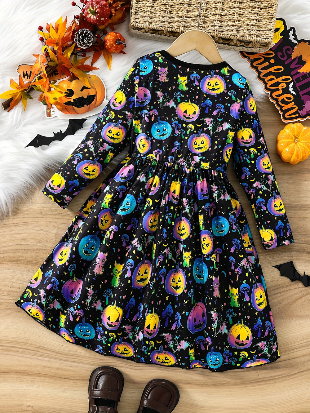 girls' halloween dress - solid color, all-over pumpkin head print, creative glow-in-the-dark party long-sleeve dress for kids