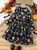girls' halloween dress - solid color, all-over pumpkin head print, creative glow-in-the-dark party long-sleeve dress for kids