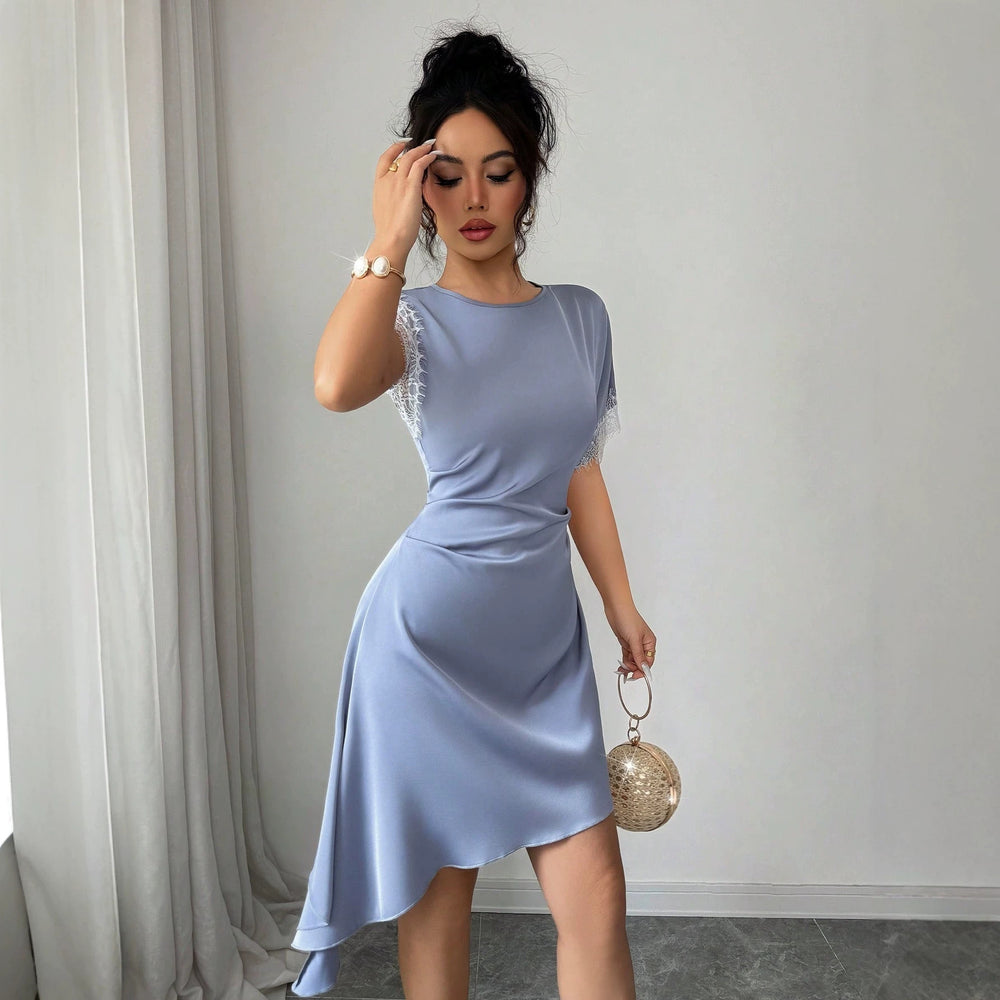 Amazon fashion cross-border lacepatchwork side twist waist asymmetrical hem elegantshortdress skirt