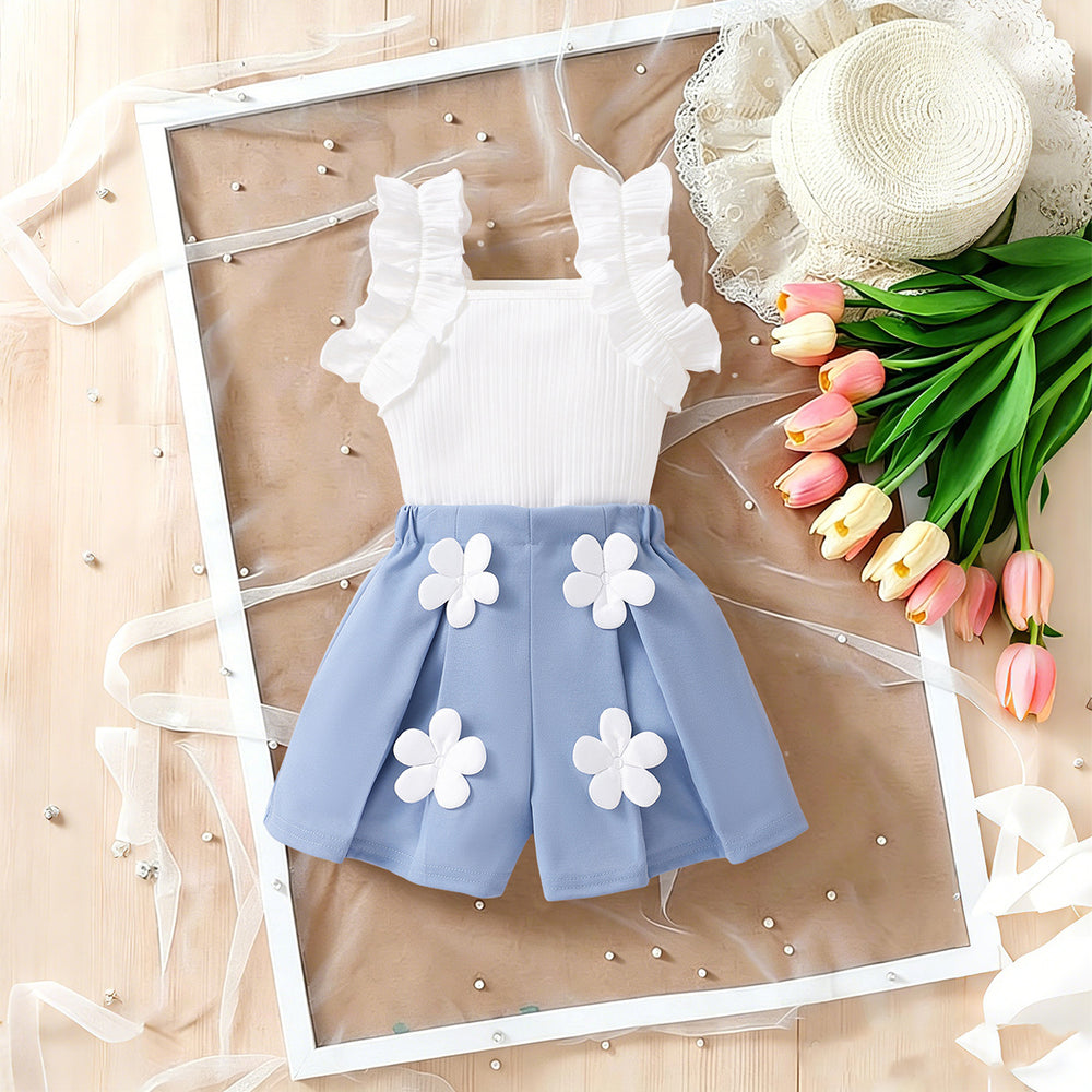 Girls' two-piece set: ruffle-trimmed top + shorts with 3d floral appliqué