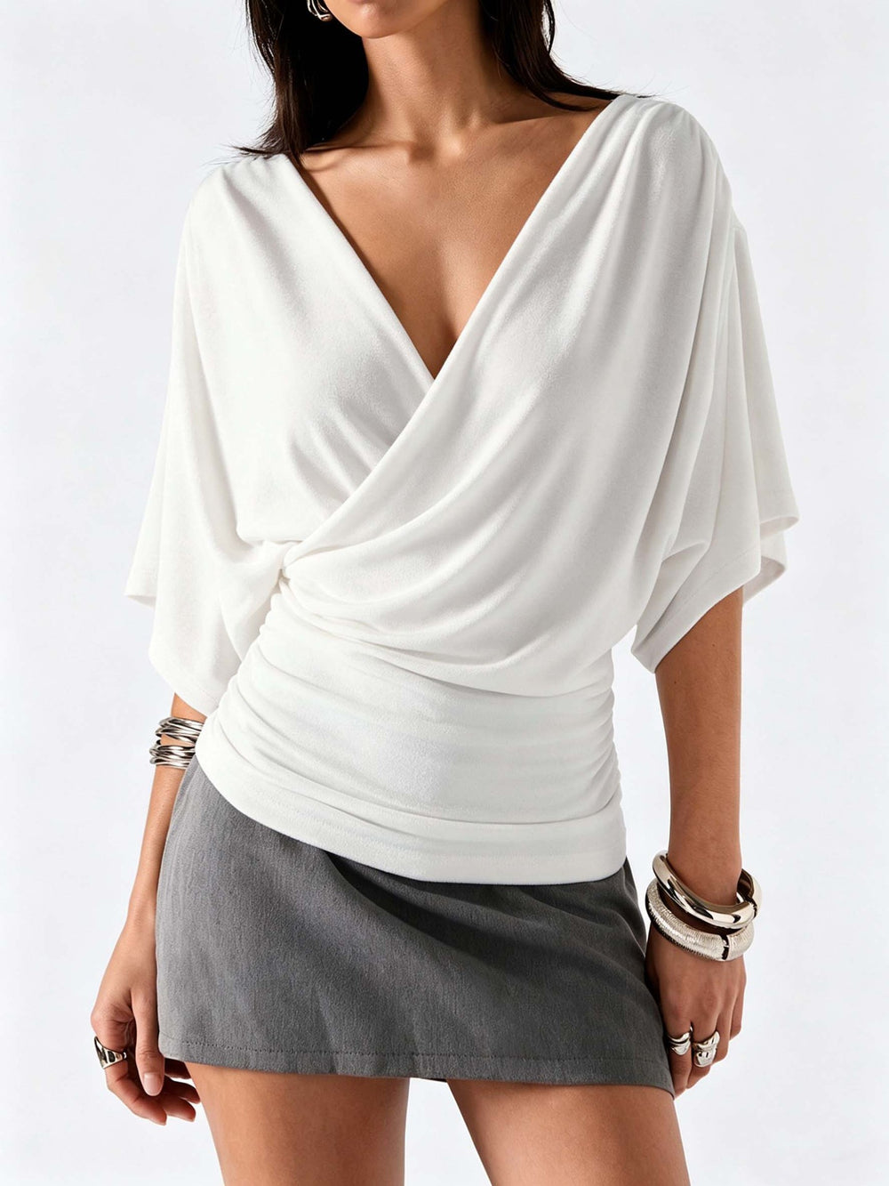 French-style criss-cross v-neck batwing sleeve top - women's slimming, ruched, and figure-flattering t-shirt for a chic and gentle commute