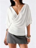 French-style criss-cross v-neck batwing sleeve top - women's slimming, ruched, and figure-flattering t-shirt for a chic and gentle commute