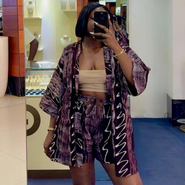 European and American large-size women's casual suit printed cardigan shirt African versatile shorts fashion foreign style two-piece set women