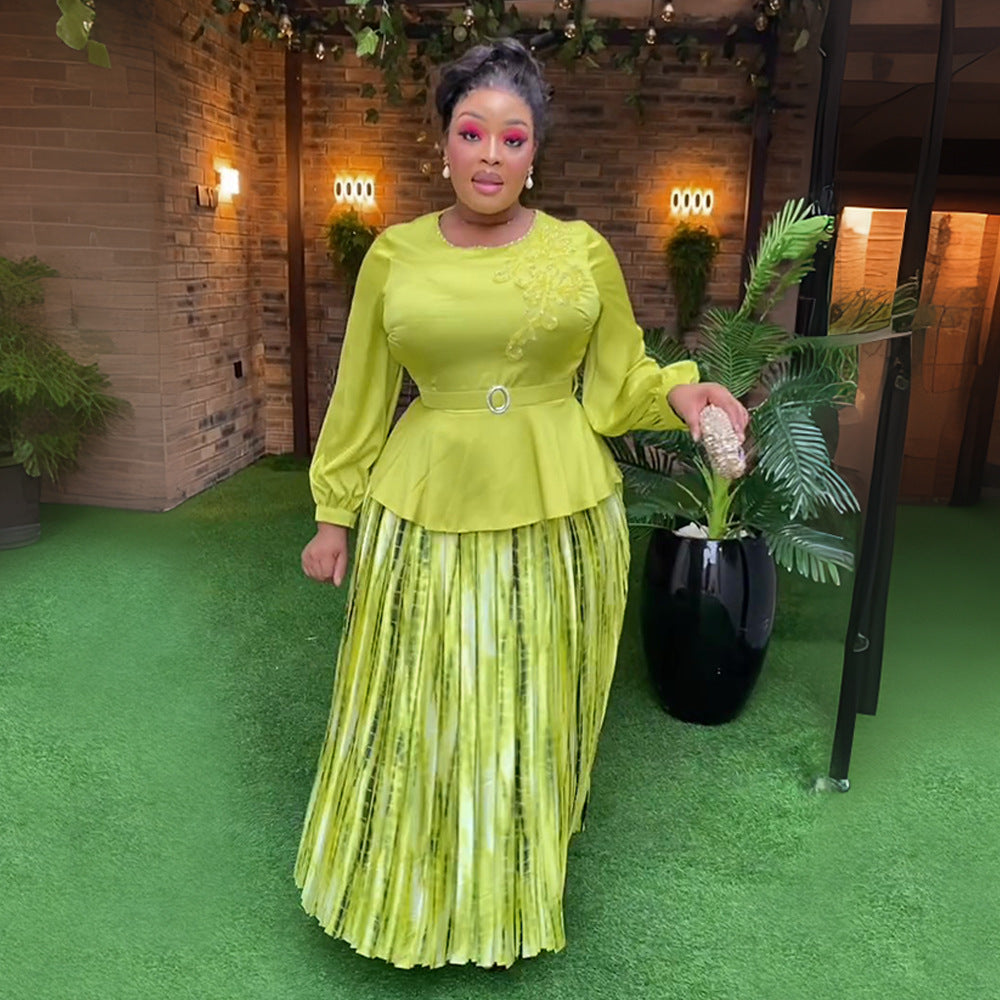 african women's plus size embroidered & beaded dress -  chic commute two-piece pleated skirt set