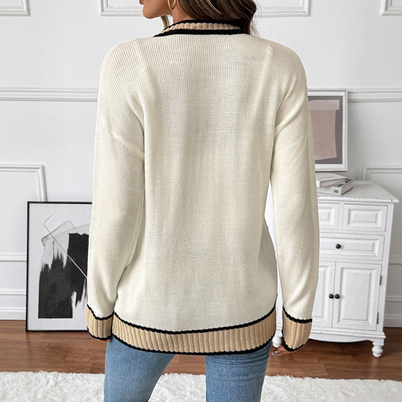 European  2025 new autumn and winter  workplace leisure lazy wind loose v-neck contrasting color sweater cardigan women