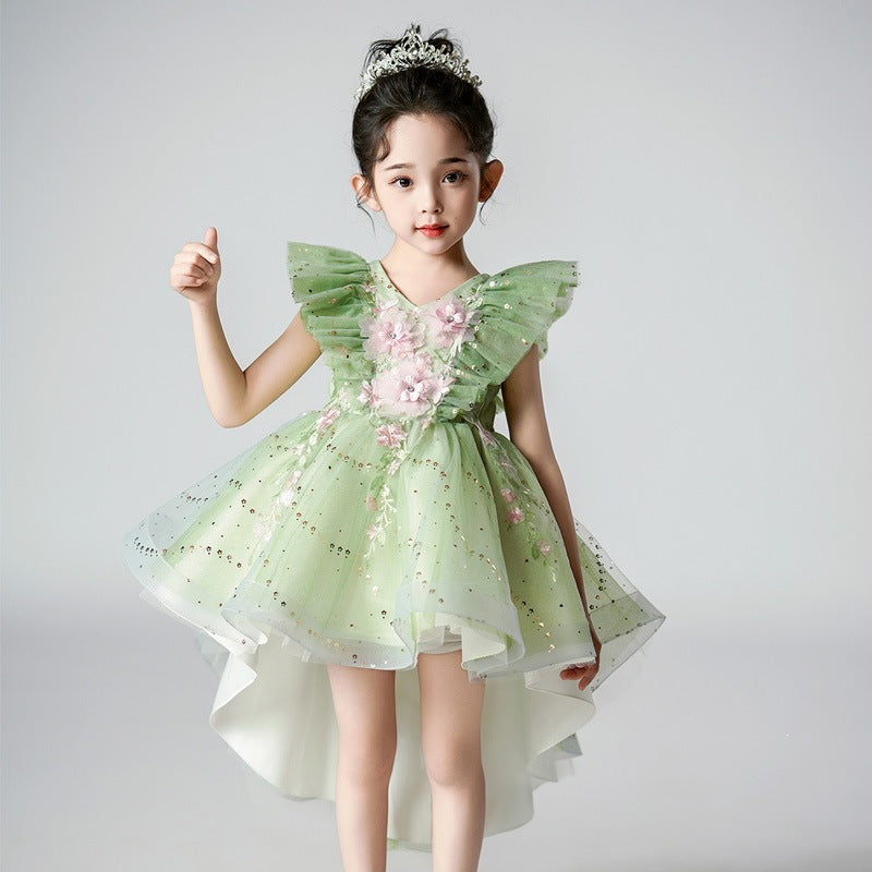Girls' princess dress, hostess gown, children's outfit, white birthday dress, holiday dress, runway dress, wedding dress with train, piano dress for kids