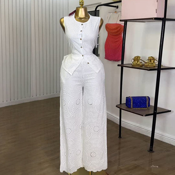 European and American  women's clothing 2025 summer new round neck lace hollow sleeveless top high waist trousers casual suit