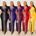 C6500   fashion women's hotfix rhinestone bubble sleeve stretch v-neck maxi dress