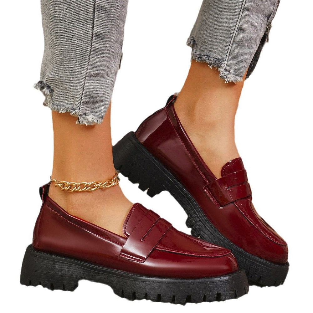 spring/autumn new collection: women's mid-heel square heel flats - export quality, british style chunky sole, round toe, preppy slip-on leather shoes
