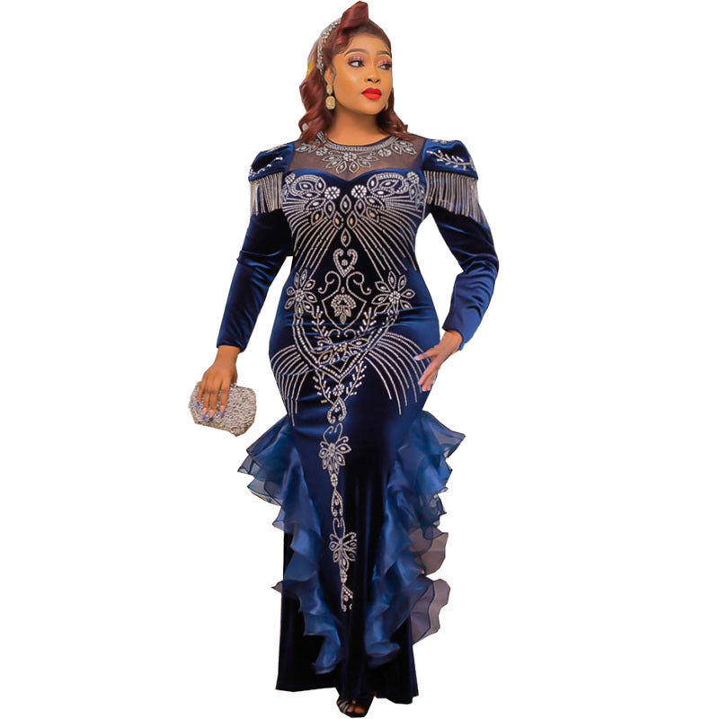 new arrivals: african cross-border sourcing - luxury rhinestone & beaded crew neck long sleeve korean velvet dress - special offer!