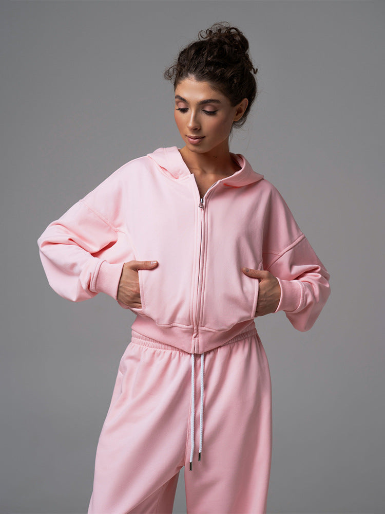 Cross-border European and American women's clothing fashion hooded sweater cardigan drawstring trousers set casual sweatshirt lace-up trousers