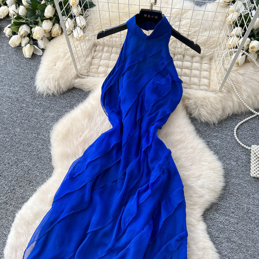 Vacation style haltersexy big backlessdress women's summer blue ruffles hot girl style long skirt slimming look fairy spirit